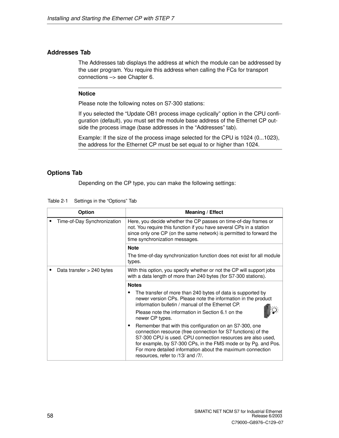 Siemens NCM S7 appendix Addresses Tab, Options Tab, Option Meaning / Effect 