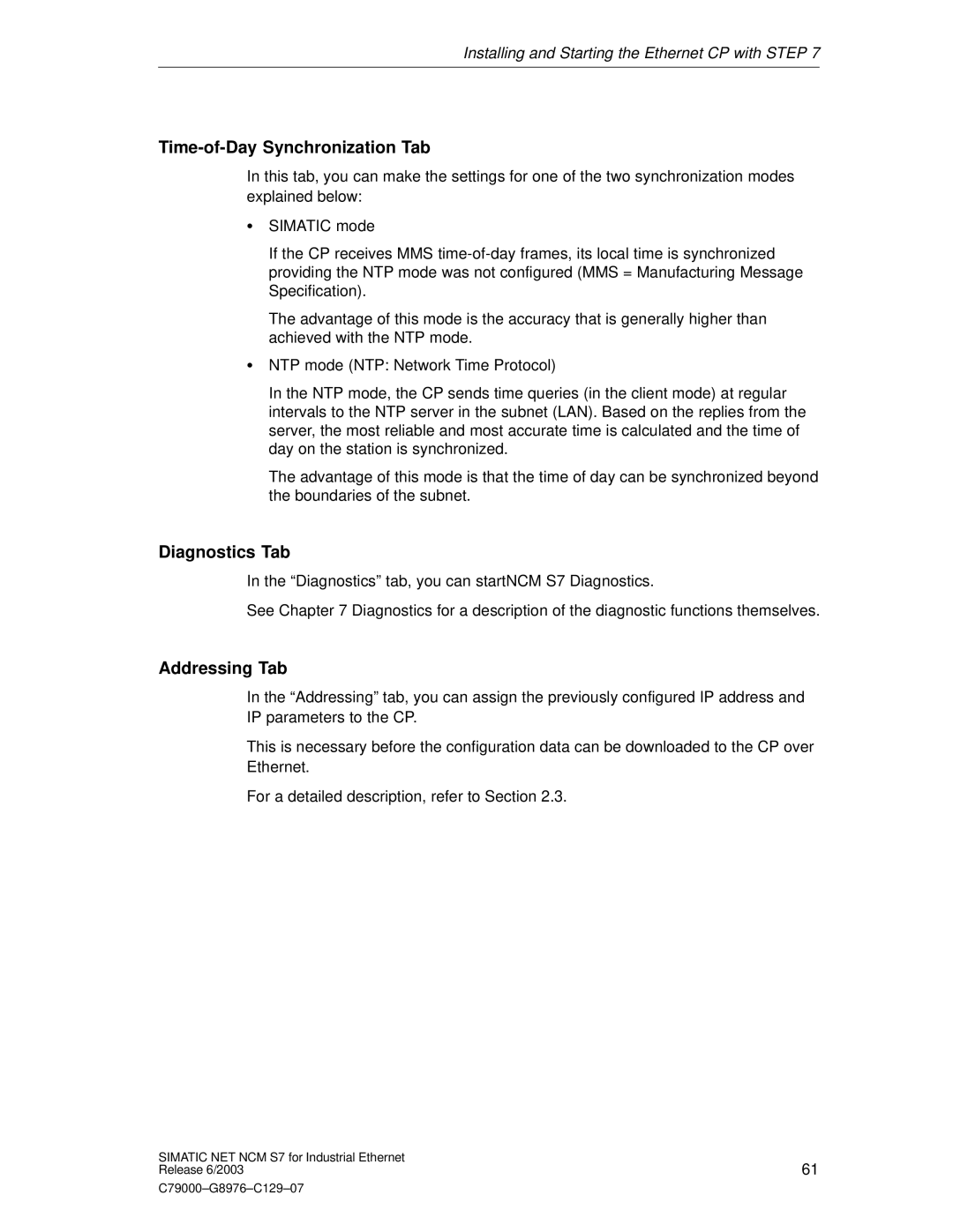 Siemens NCM S7 appendix Time-of-Day Synchronization Tab, Diagnostics Tab, Addressing Tab 