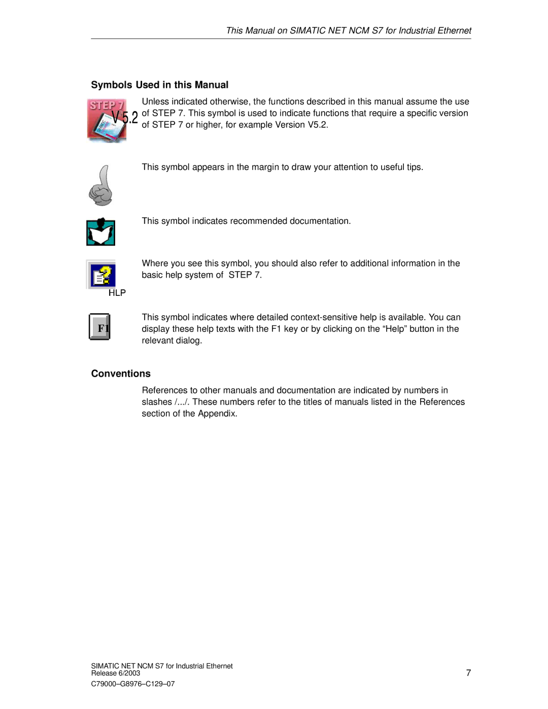 Siemens NCM S7 appendix Symbols Used in this Manual, Conventions 