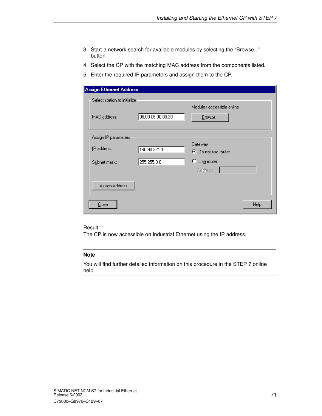 Siemens NCM S7 appendix Installing and Starting the Ethernet CP with Step 