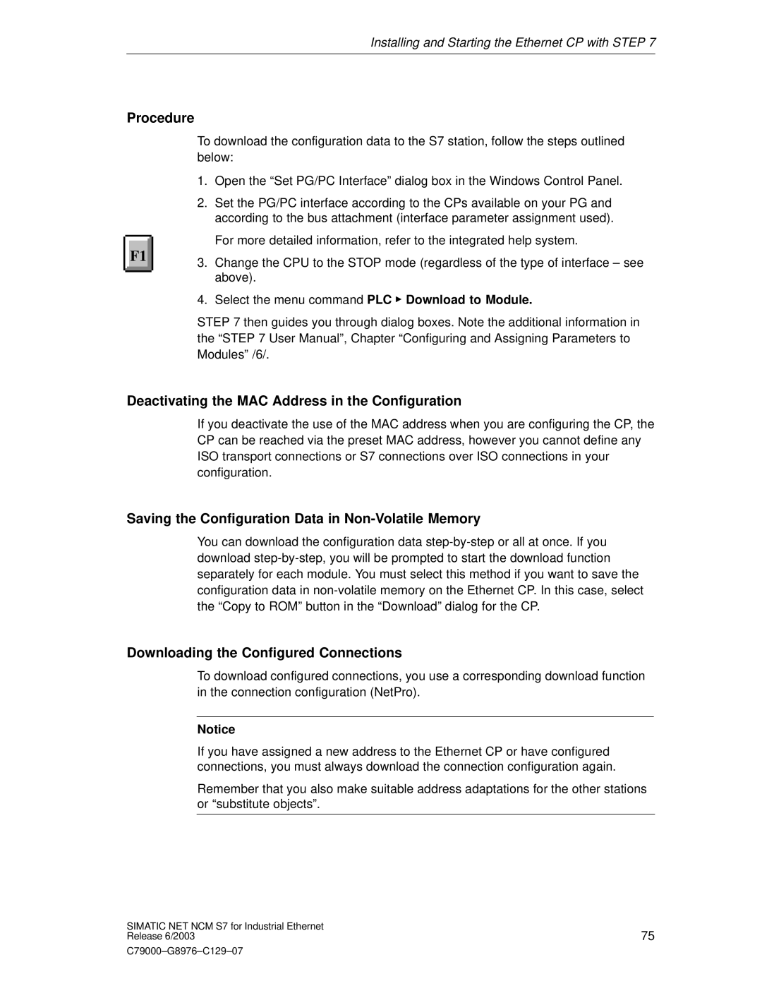 Siemens NCM S7 Deactivating the MAC Address in the Configuration, Saving the Configuration Data in Non-Volatile Memory 