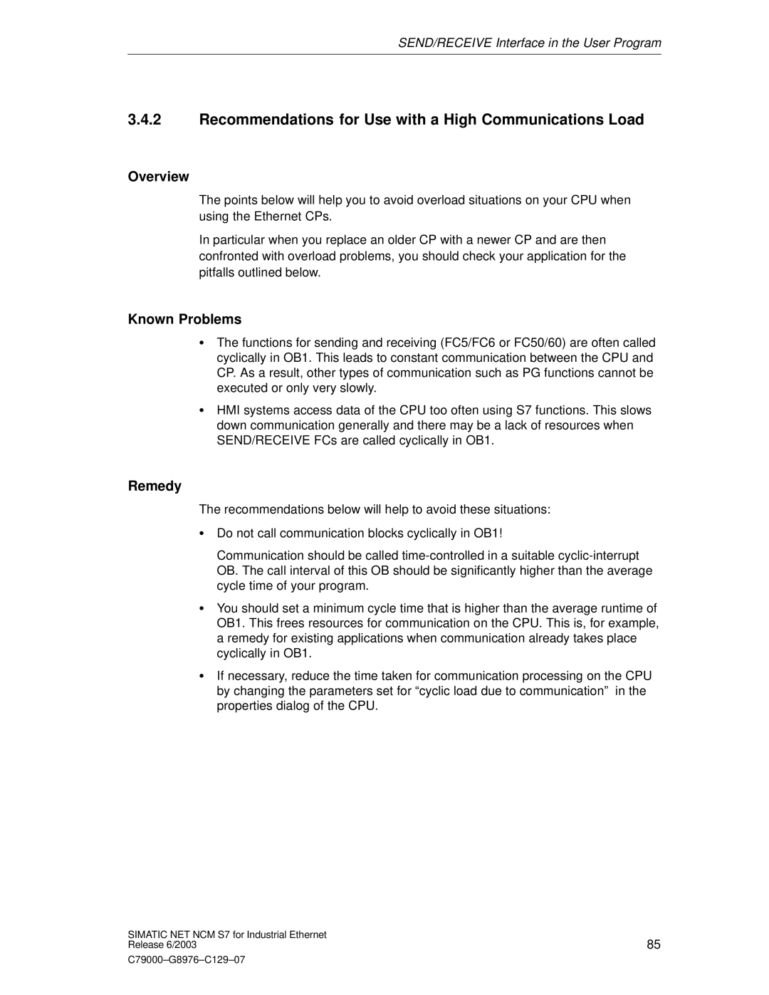 Siemens NCM S7 appendix Recommendations for Use with a High Communications Load, Known Problems, Remedy 