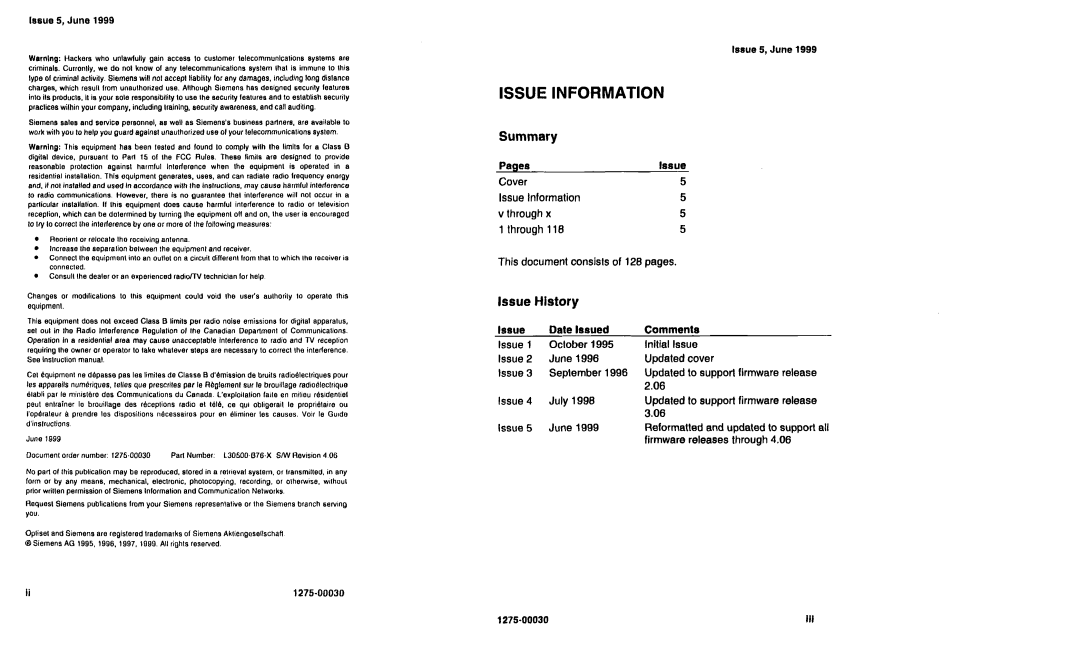 Siemens NI-1200 specifications Issue Information, Issue Date Issued 