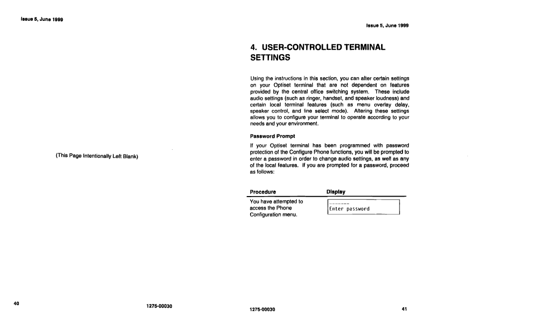 Siemens NI-1200 specifications USER-CONTROLLED Terminal Settings, Password Prompt 