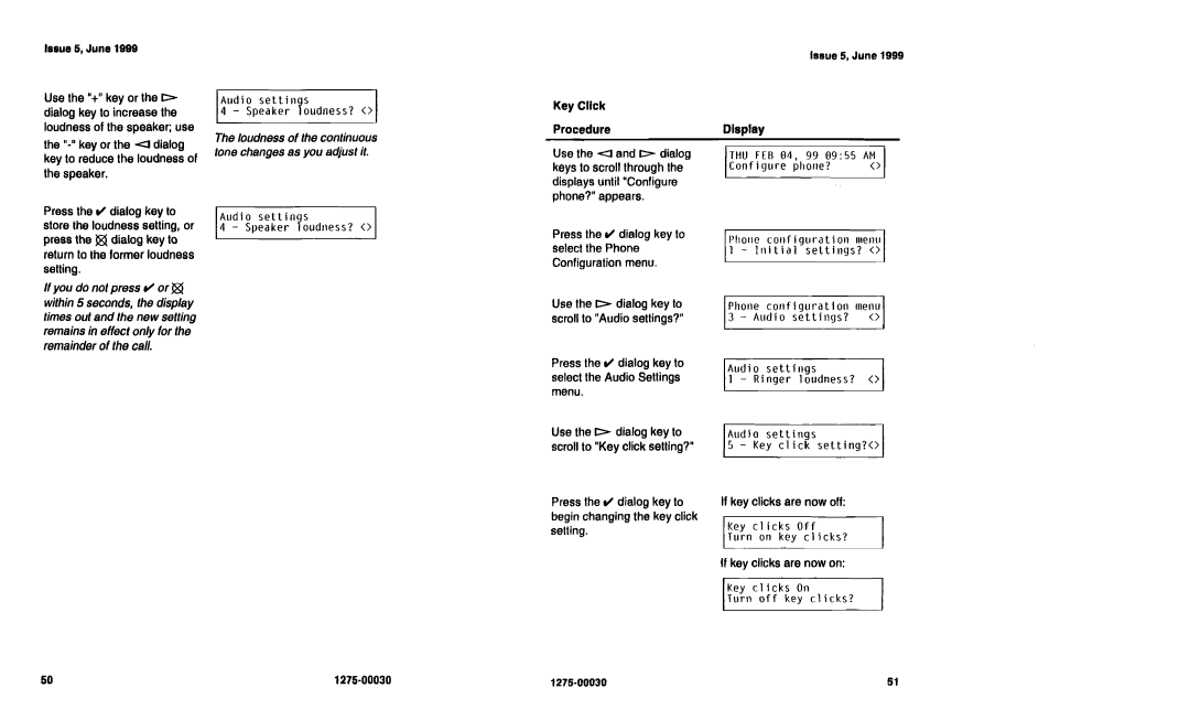 Siemens NI-1200 specifications Audio settings Speaker loudness?, THU FEB 04, 99 0955 AM, Key clicks Orf Turn on key clicks? 