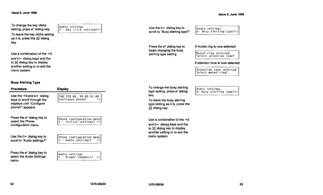 Siemens NI-1200 1i ck Sett i ng?, Audio settings Busy alerting type?, Muted ring selected Select attention tone? 