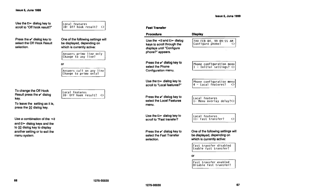 Siemens NI-1200 Loca features Off hook result?, THU FEB 0~, 99, Phone configuration menu Initial settings? Local features? 