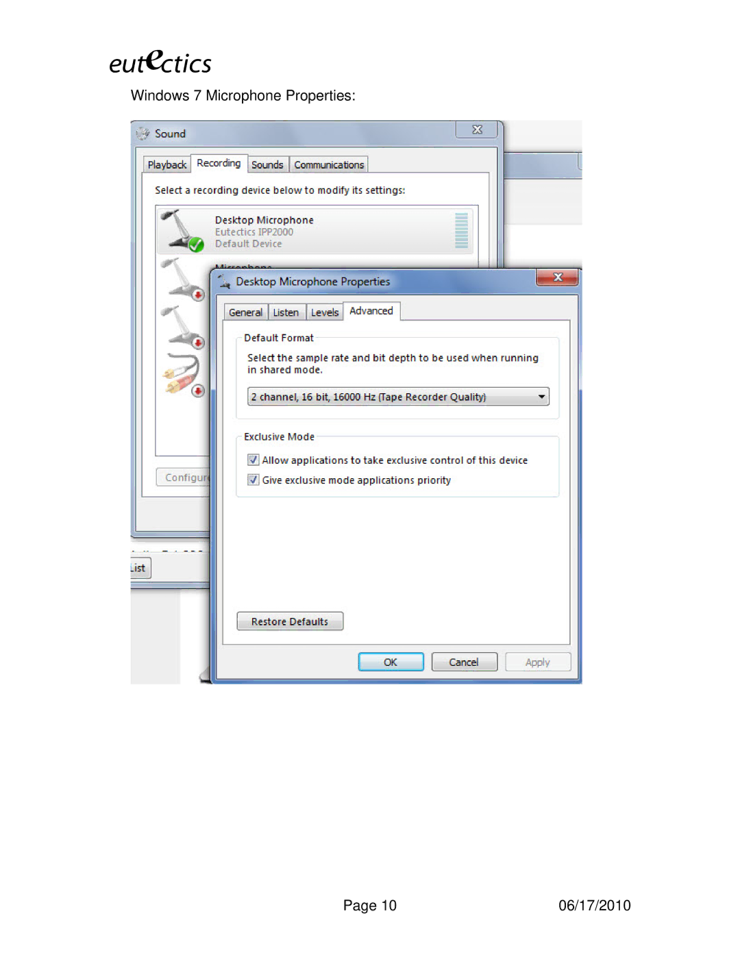 Siemens OC130S installation instructions Windows 7 Microphone Properties 06/17/2010 