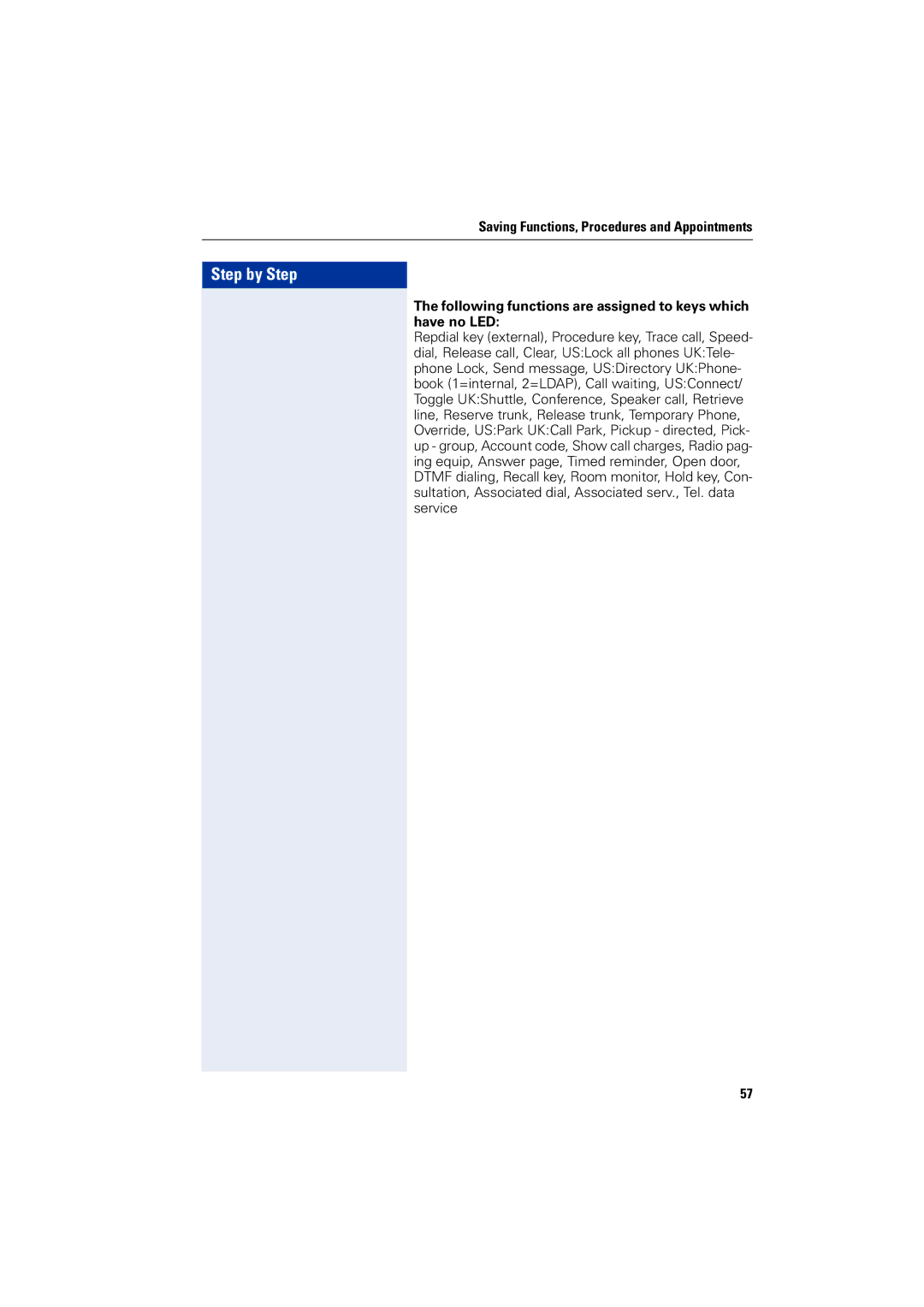 Siemens optiPoint 400 operating instructions Following functions are assigned to keys which have no LED 