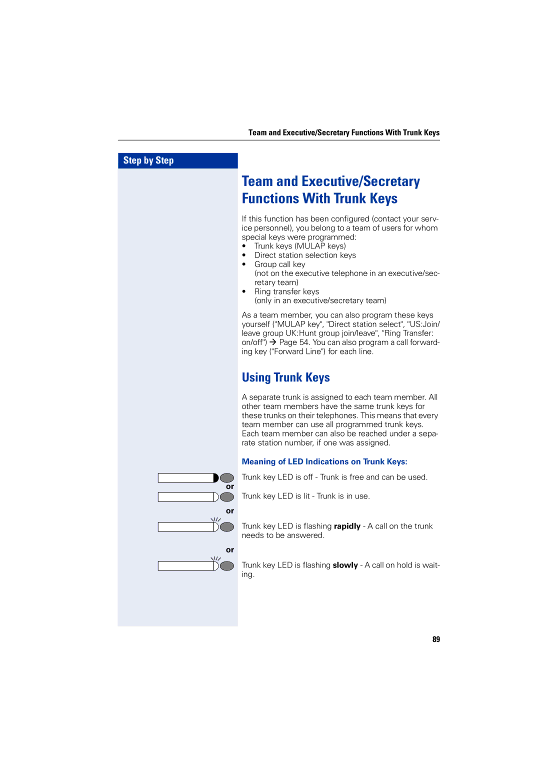 Siemens optiPoint 400 operating instructions Using Trunk Keys, Meaning of LED Indications on Trunk Keys 