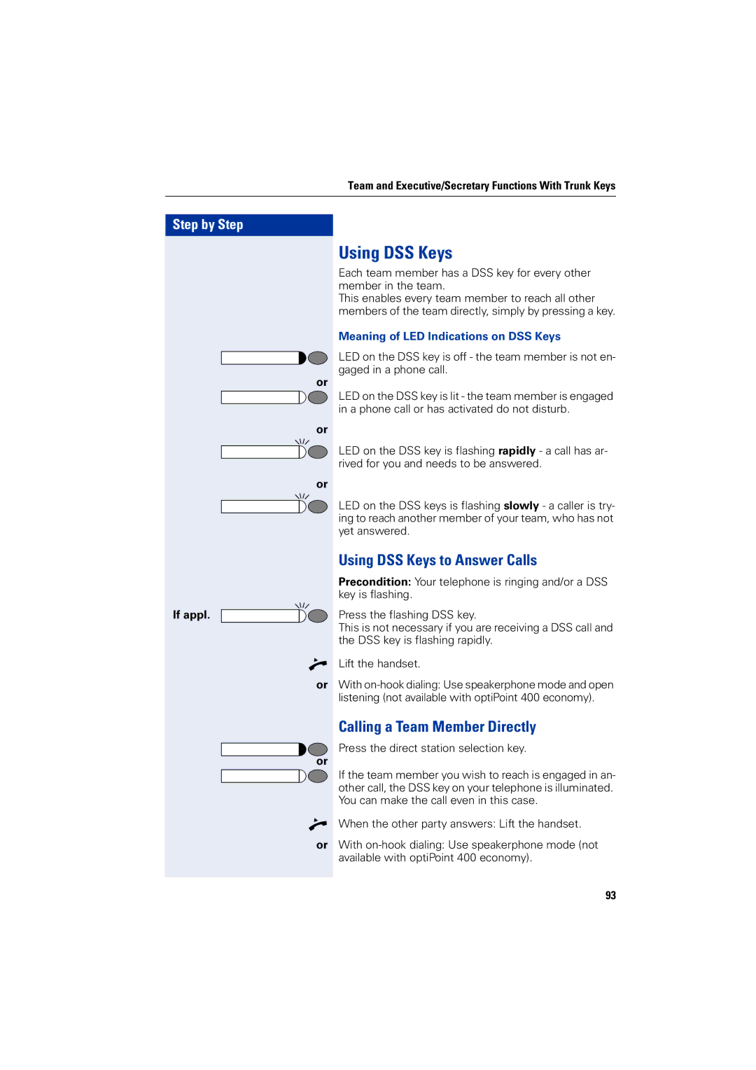 Siemens optiPoint 400 operating instructions Using DSS Keys to Answer Calls, Calling a Team Member Directly 