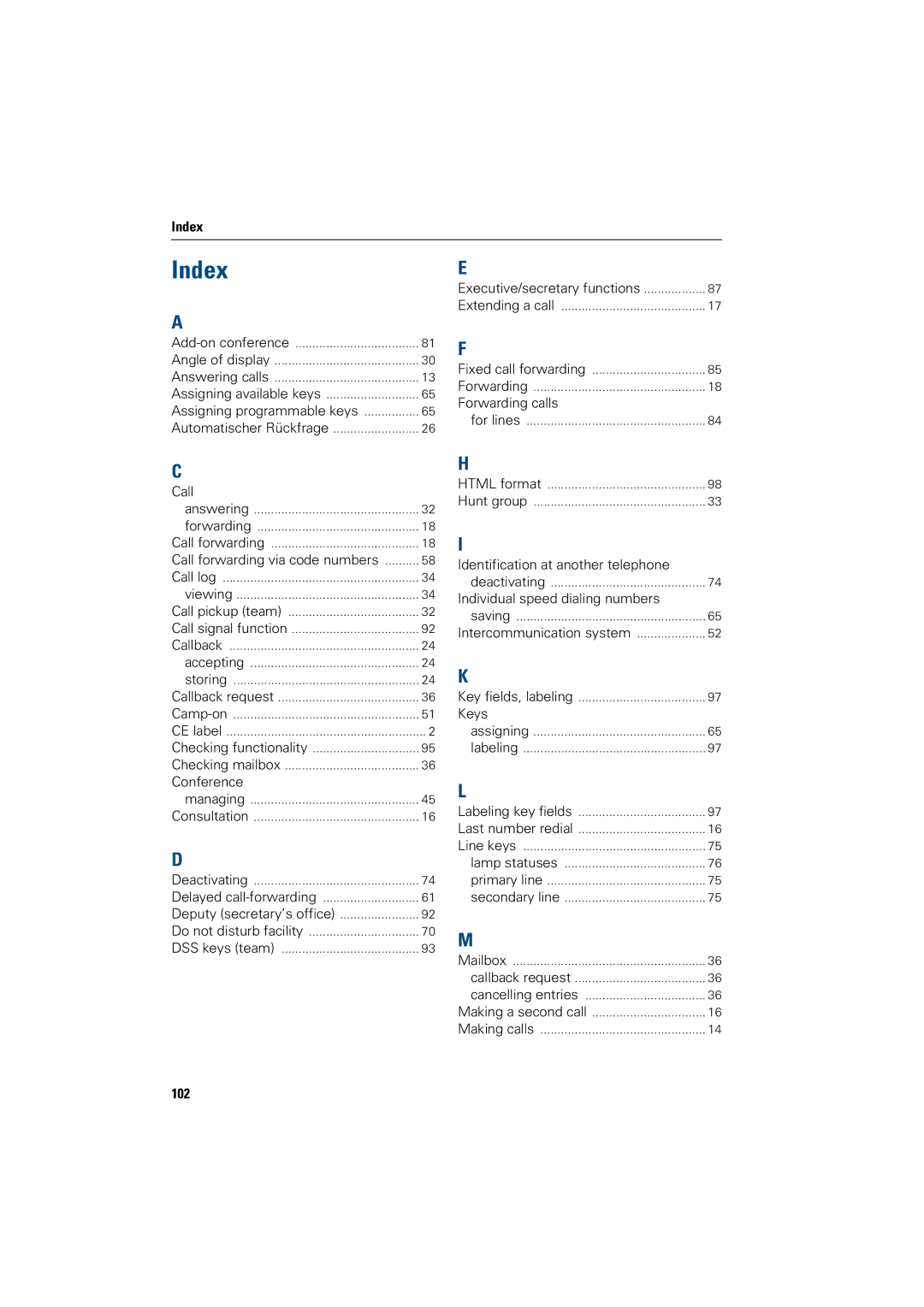 Siemens OptiPoint 410 operating instructions Index, Call 