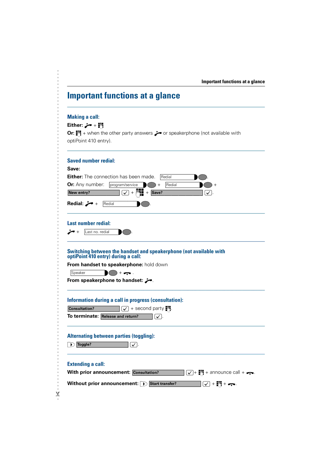 Siemens OptiPoint 410 operating instructions Important functions at a glance, Making a call 