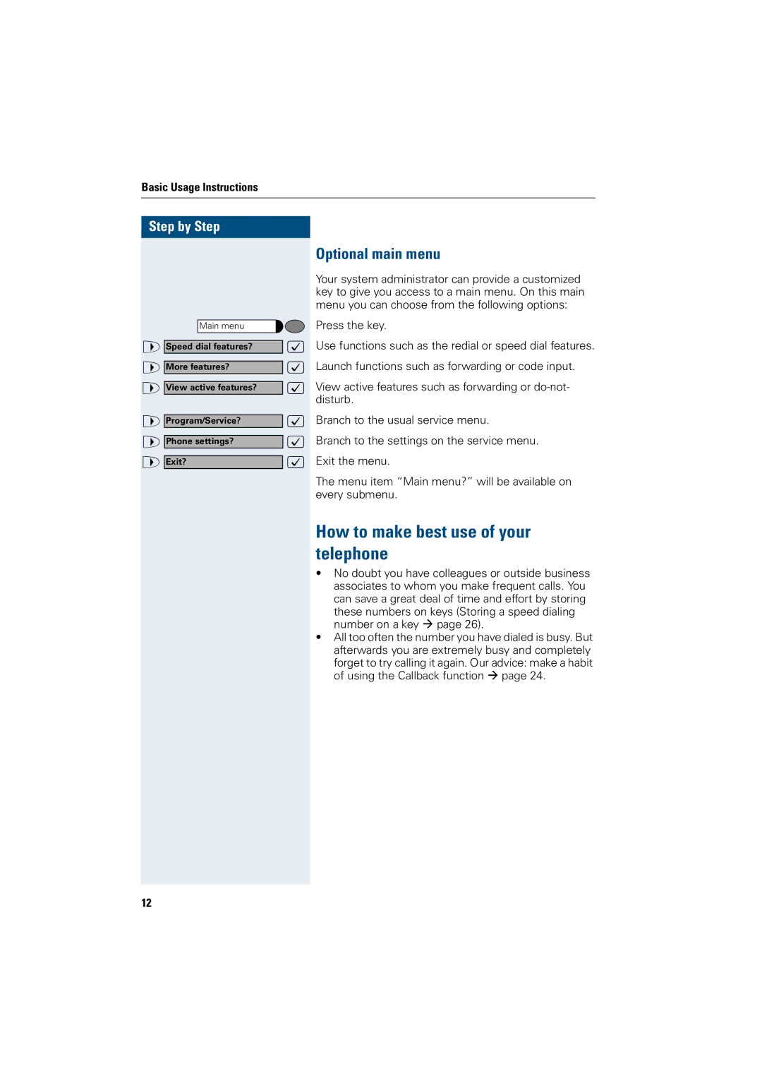 Siemens OptiPoint 410 operating instructions How to make best use of your telephone, Optional main menu 