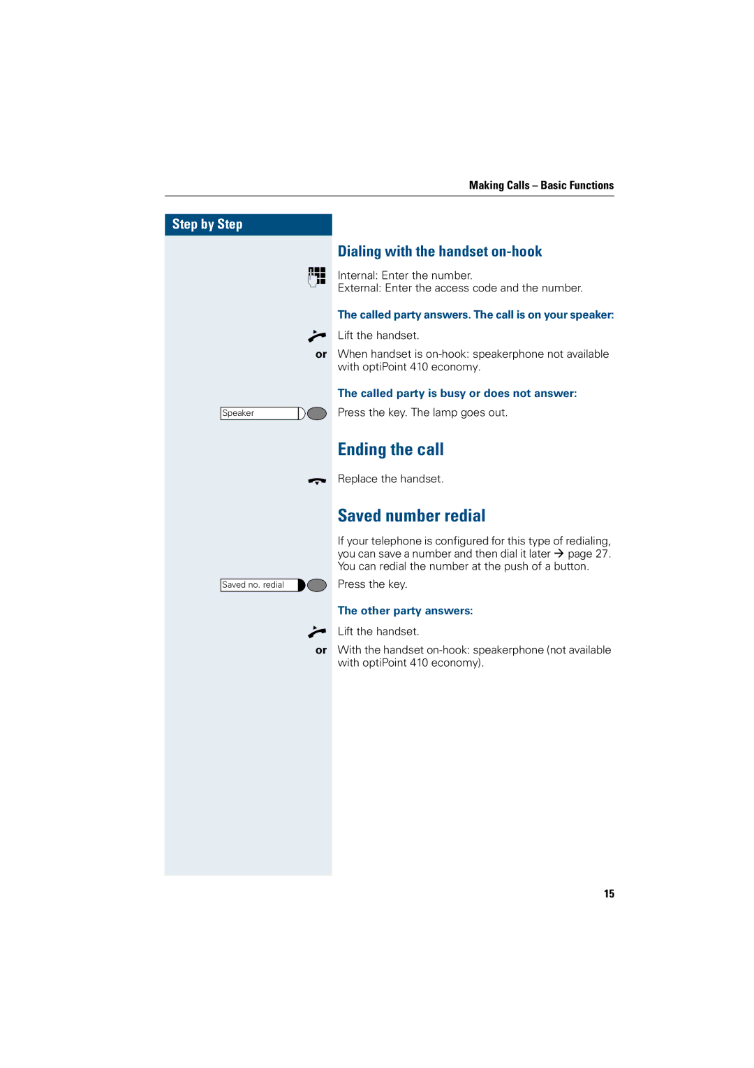 Siemens OptiPoint 410 Ending the call, Saved number redial, Dialing with the handset on-hook, Other party answers 