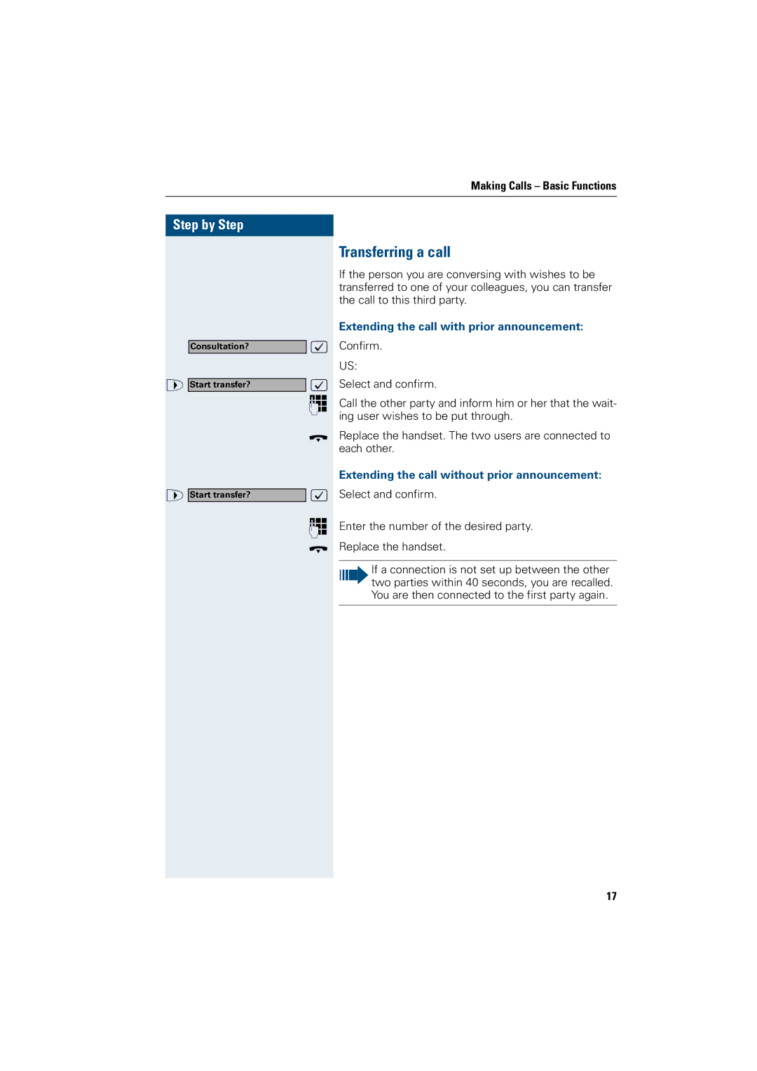 Siemens OptiPoint 410 operating instructions Transferring a call, Extending the call with prior announcement 