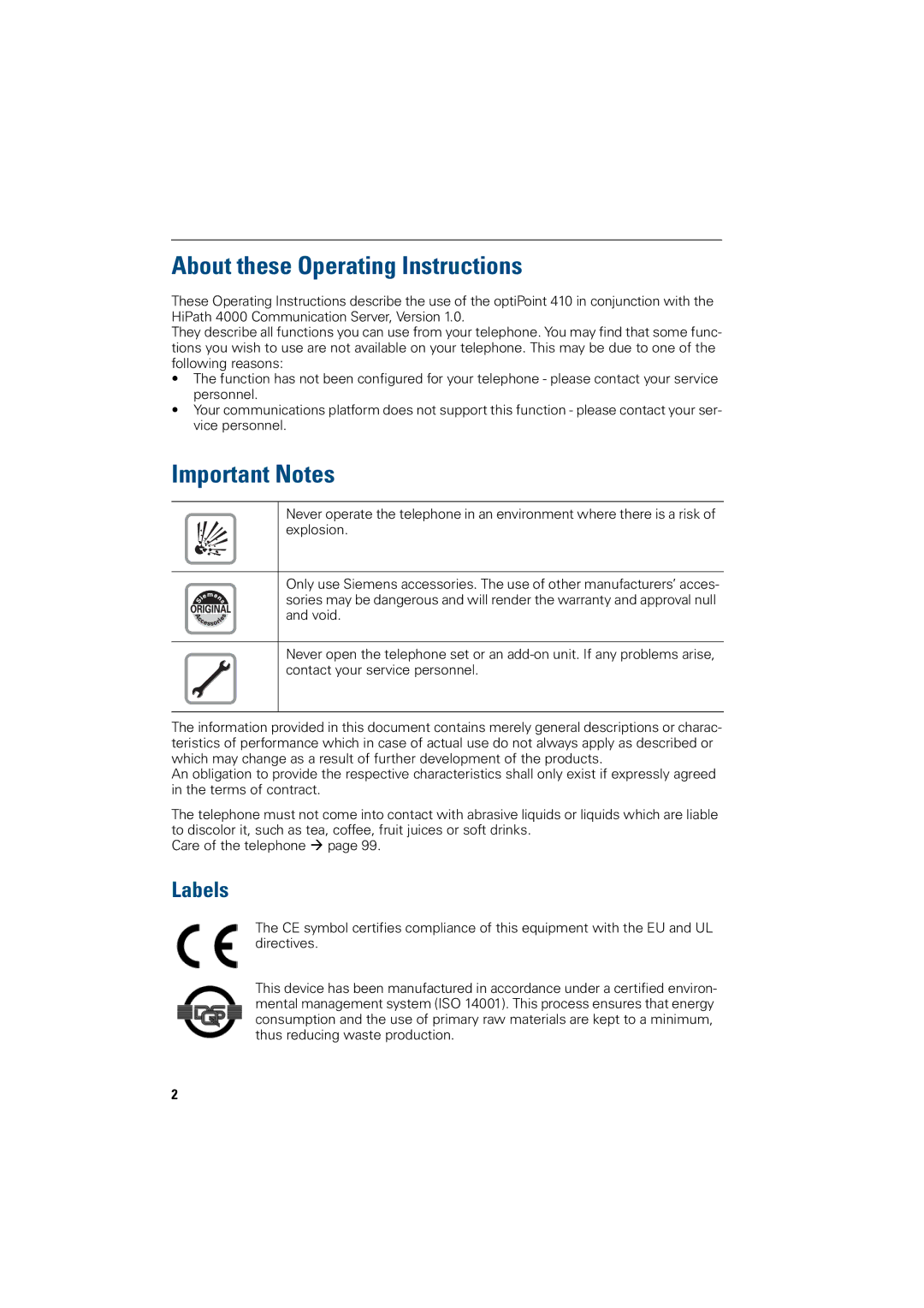 Siemens OptiPoint 410 operating instructions About these Operating Instructions, Important Notes, Labels 