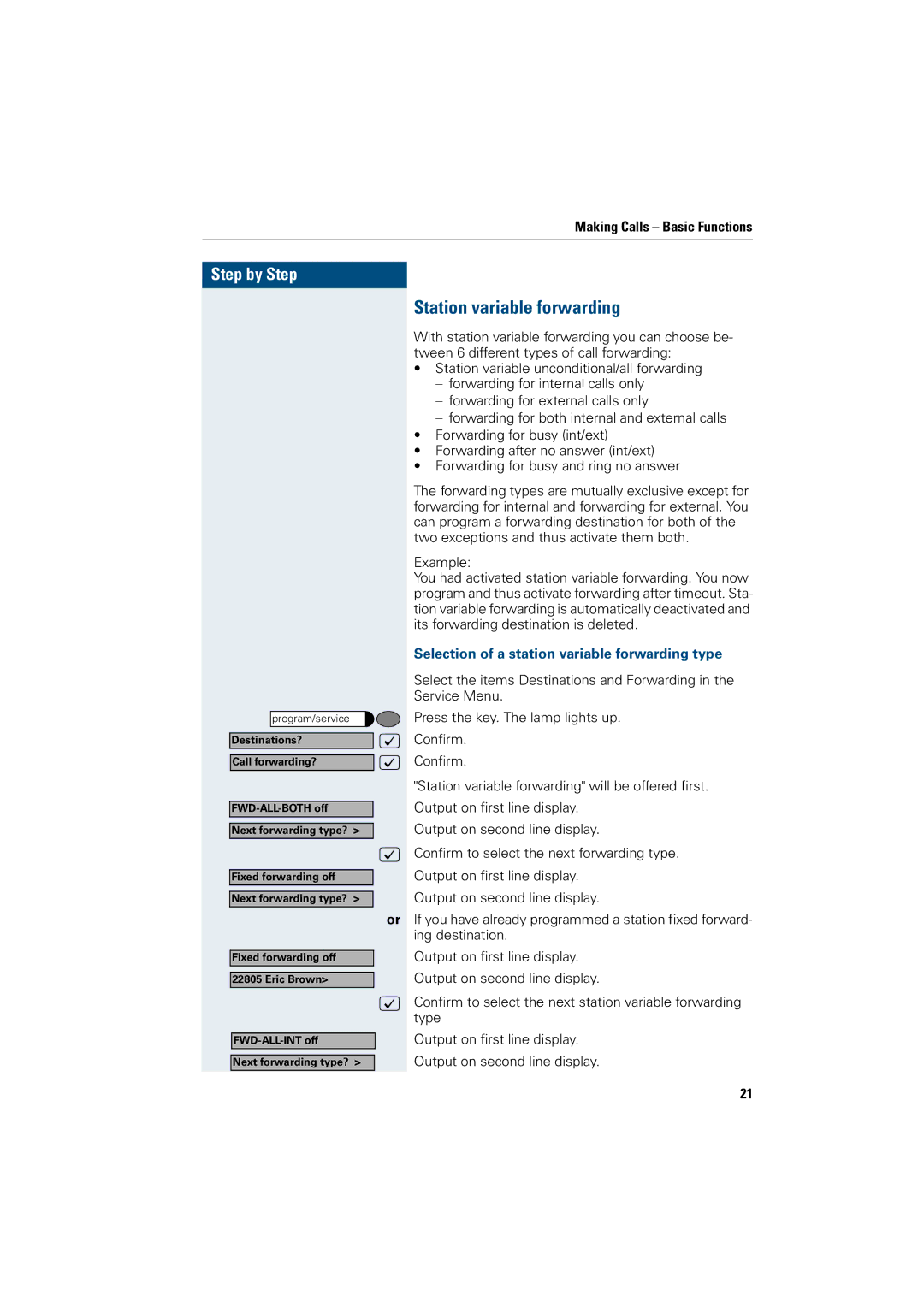 Siemens OptiPoint 410 operating instructions Station variable forwarding, Selection of a station variable forwarding type 