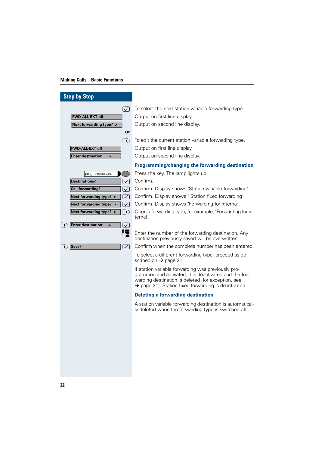 Siemens OptiPoint 410 Programming/changing the forwarding destination, Deleting a forwarding destination 