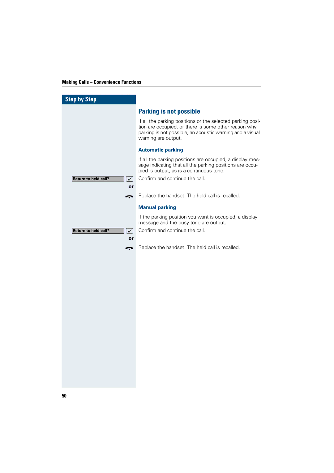 Siemens OptiPoint 410 operating instructions Parking is not possible, Automatic parking, Manual parking 