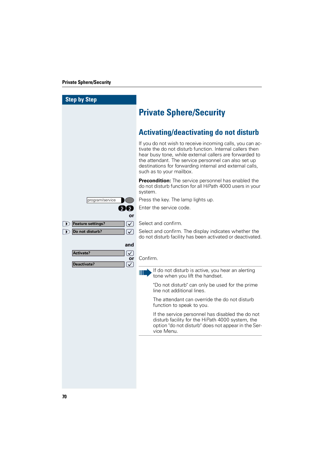 Siemens OptiPoint 410 operating instructions Private Sphere/Security, Activating/deactivating do not disturb 