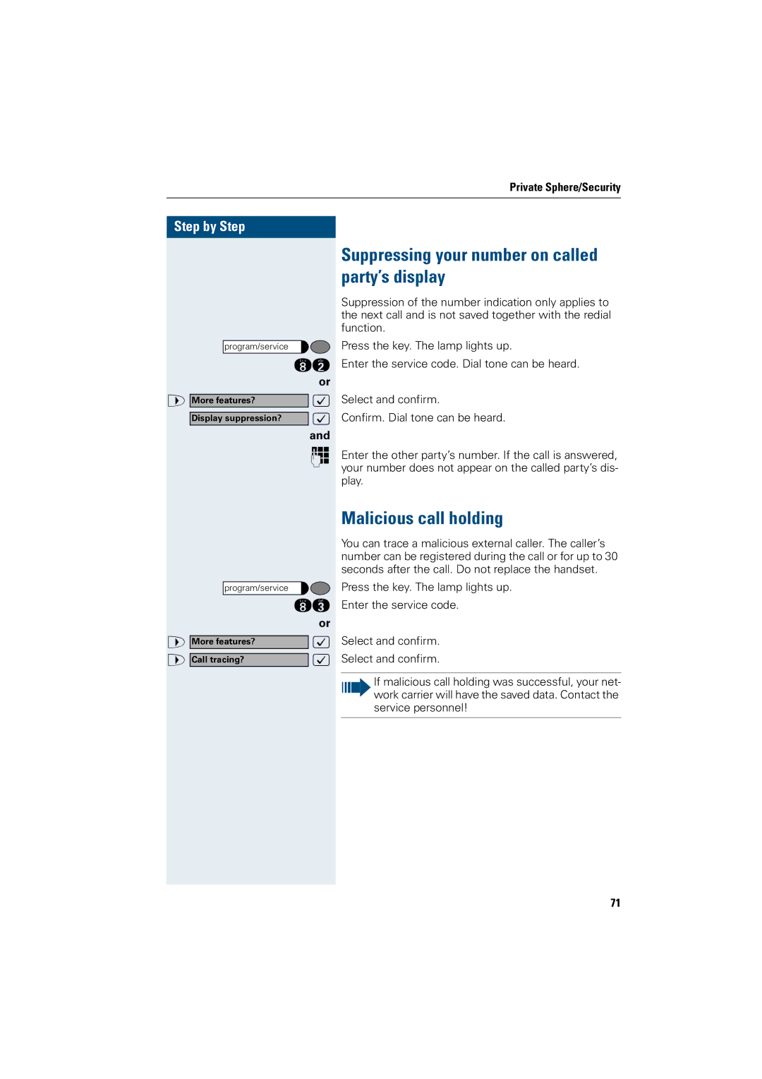 Siemens OptiPoint 410 operating instructions Suppressing your number on called party’s display, Malicious call holding 