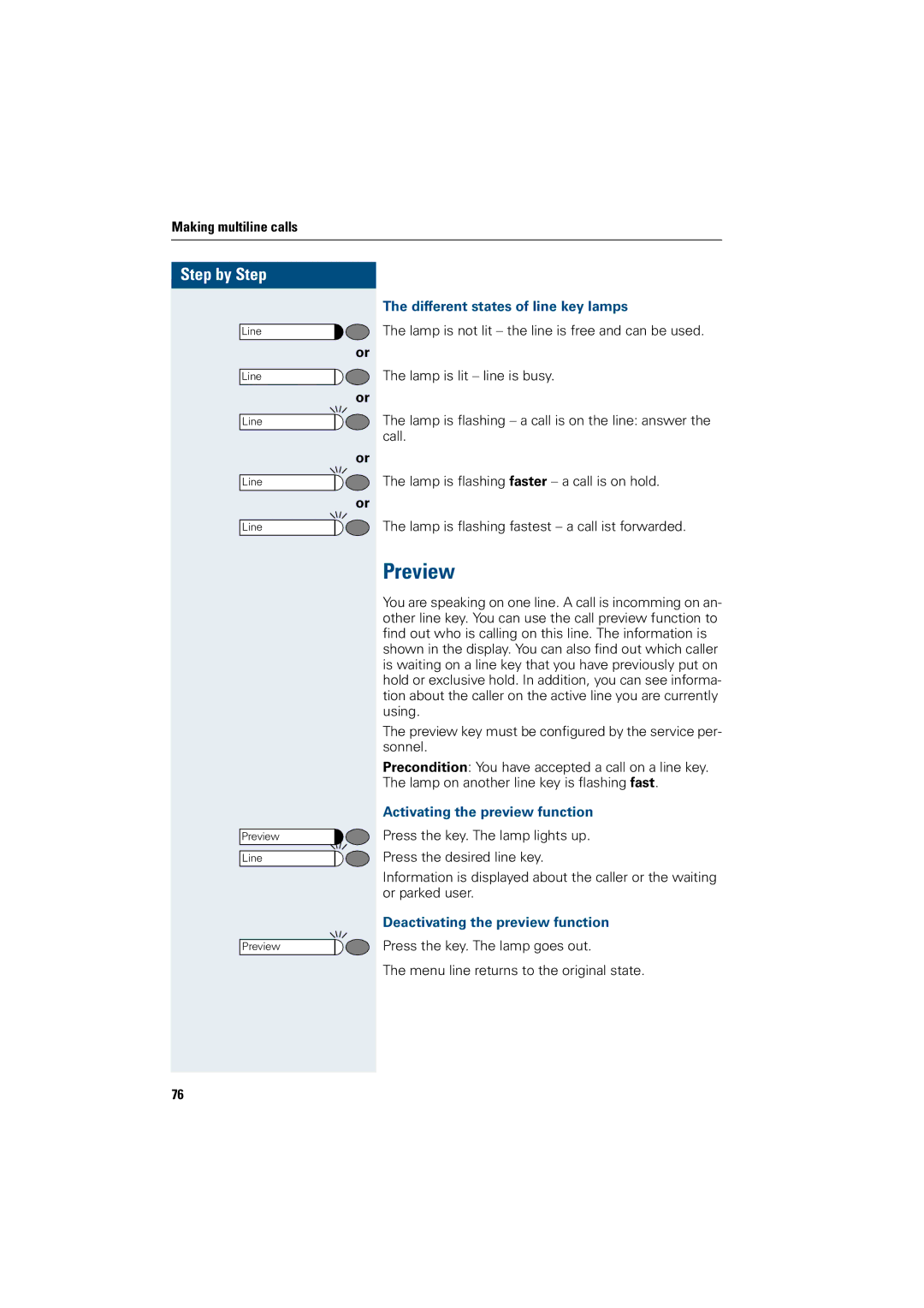 Siemens OptiPoint 410 operating instructions Preview, Different states of line key lamps, Activating the preview function 