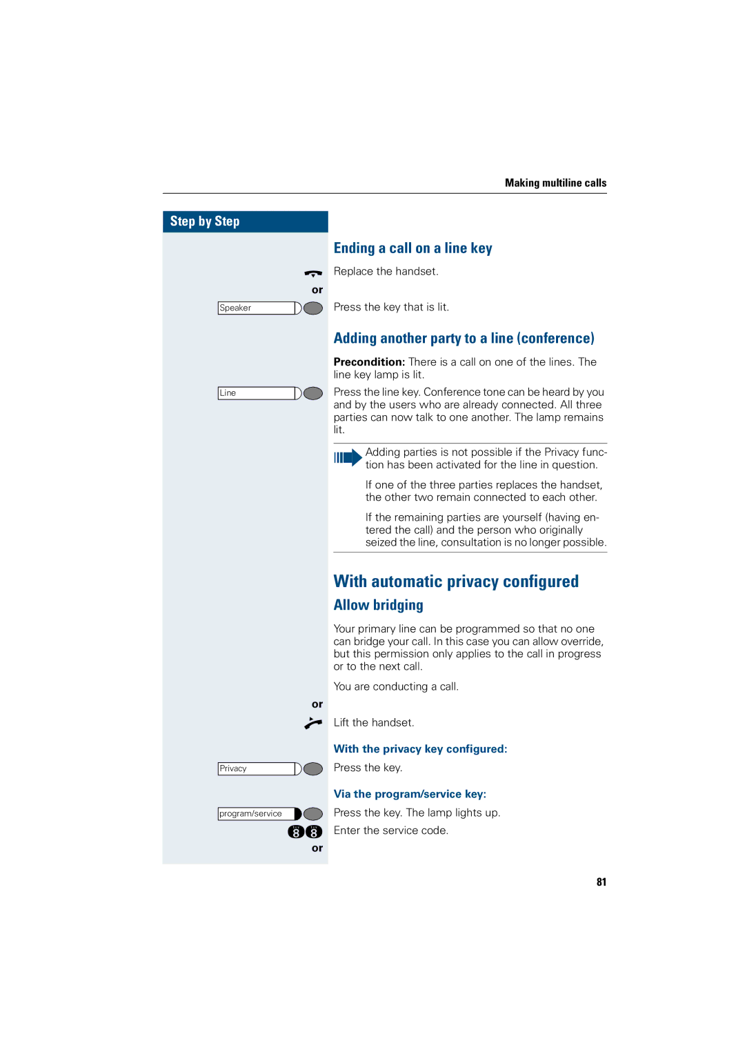 Siemens OptiPoint 410 operating instructions With automatic privacy configured, Ending a call on a line key, Allow bridging 