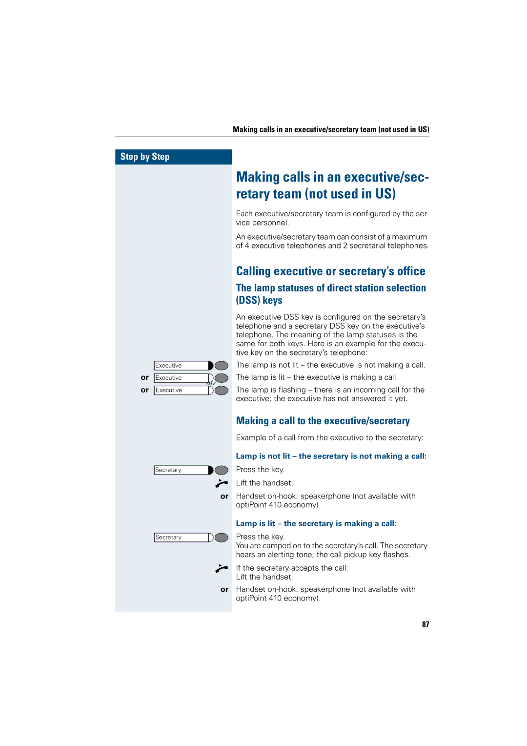 Siemens OptiPoint 410 Lamp statuses of direct station selection DSS keys, Making a call to the executive/secretary 