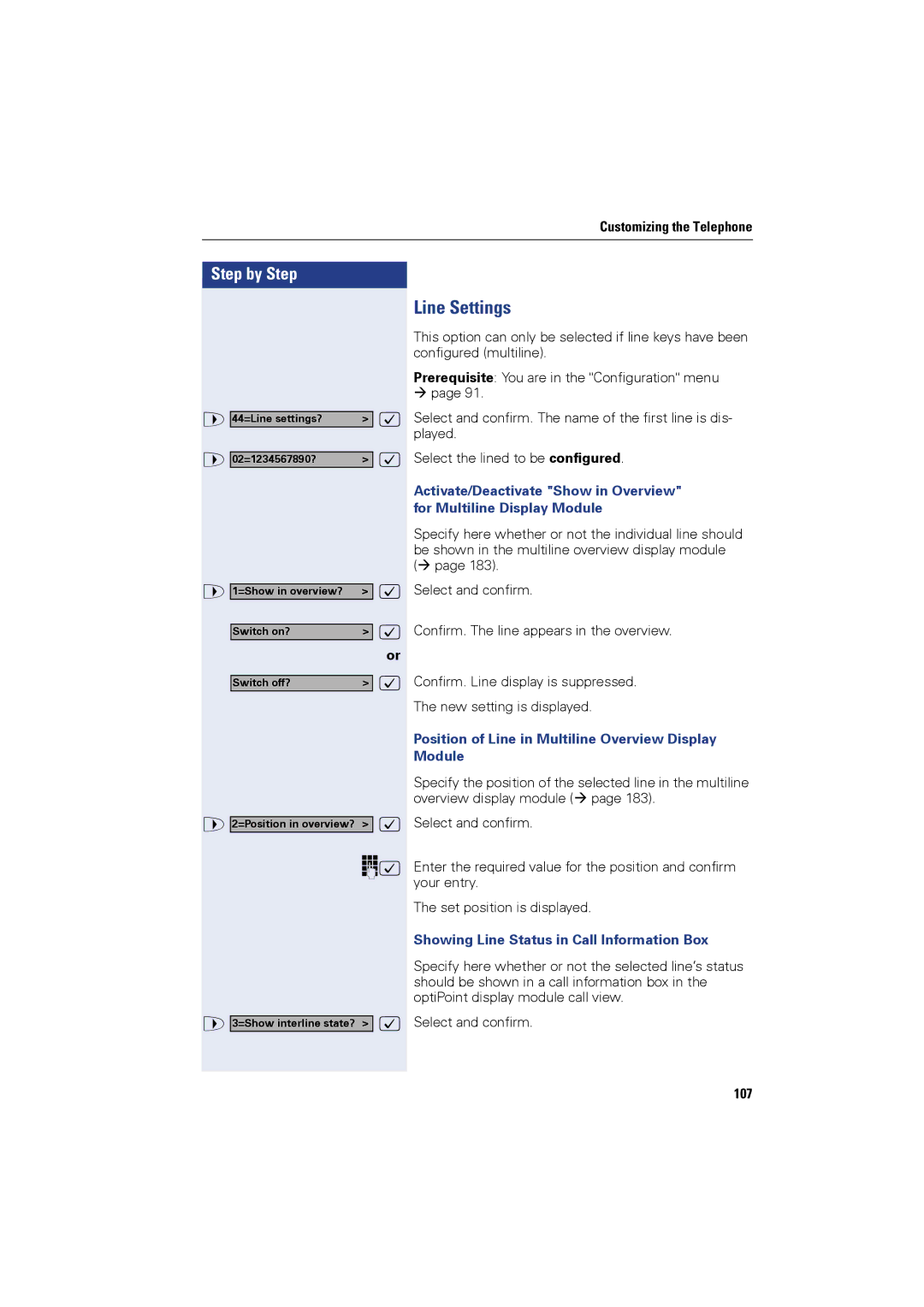 Siemens OPTIPOINT410, OPTIPOINT420 user manual Line Settings, Position of Line in Multiline Overview Display Module, 107 