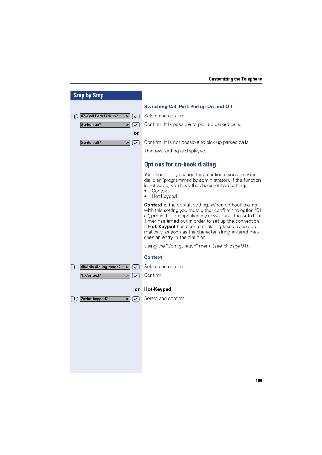 Siemens OPTIPOINT410 Options for on-hook dialing, Switching Call Park Pickup On and Off, Context, Hot-Keypad, 109 