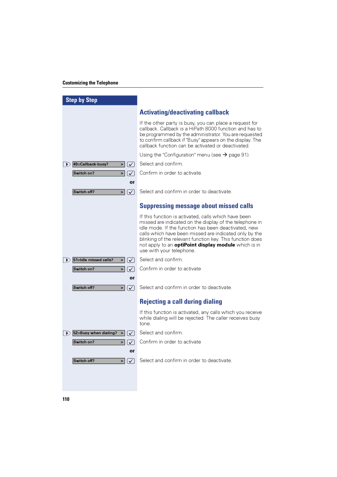 Siemens OPTIPOINT420, OPTIPOINT410 user manual Activating/deactivating callback, Suppressing message about missed calls, 110 