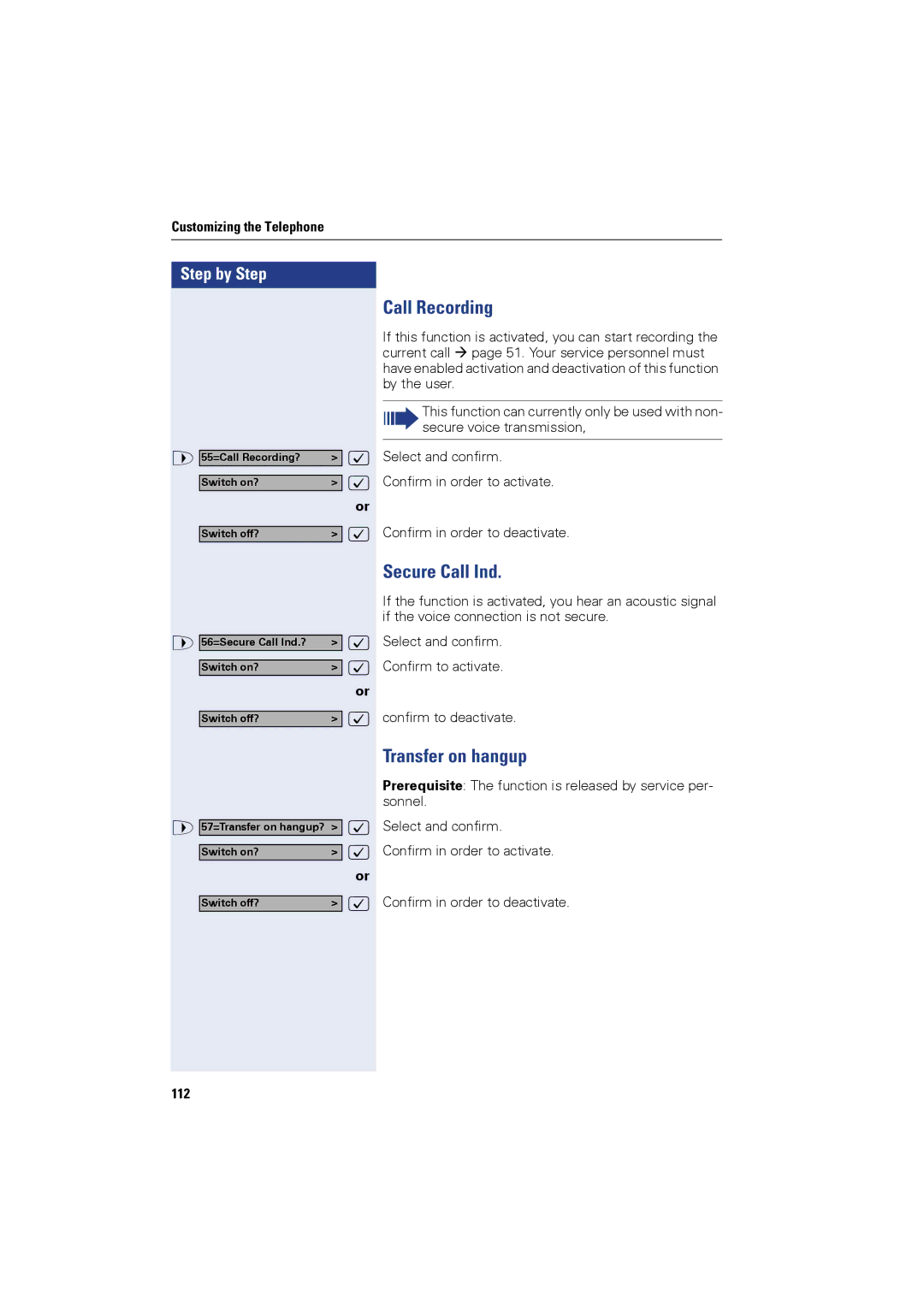 Siemens OPTIPOINT420, OPTIPOINT410 user manual Call Recording, Secure Call Ind, Transfer on hangup, 112 