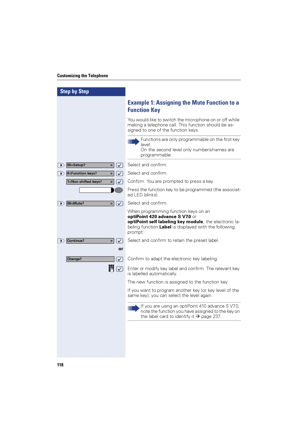 Siemens OPTIPOINT420, OPTIPOINT410 user manual Example 1 Assigning the Mute Function to a Function Key, 118 