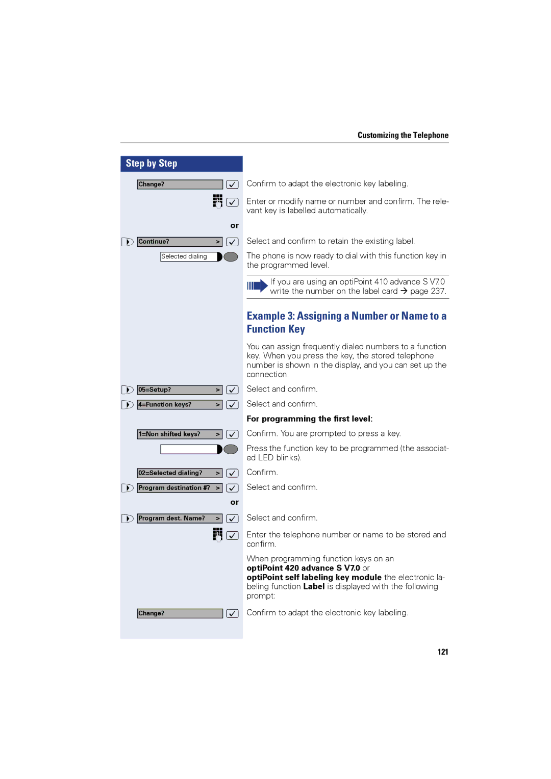 Siemens OPTIPOINT410 Example 3 Assigning a Number or Name to a Function Key, For programming the first level, 121 