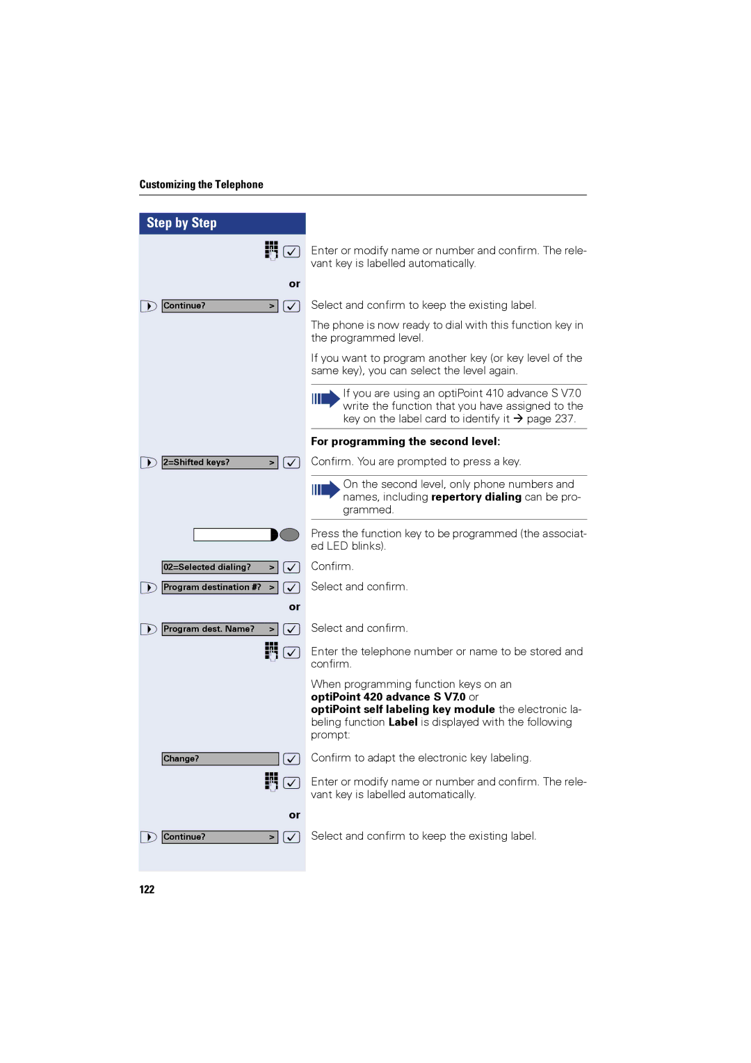 Siemens OPTIPOINT420, OPTIPOINT410 user manual 122, For programming the second level 