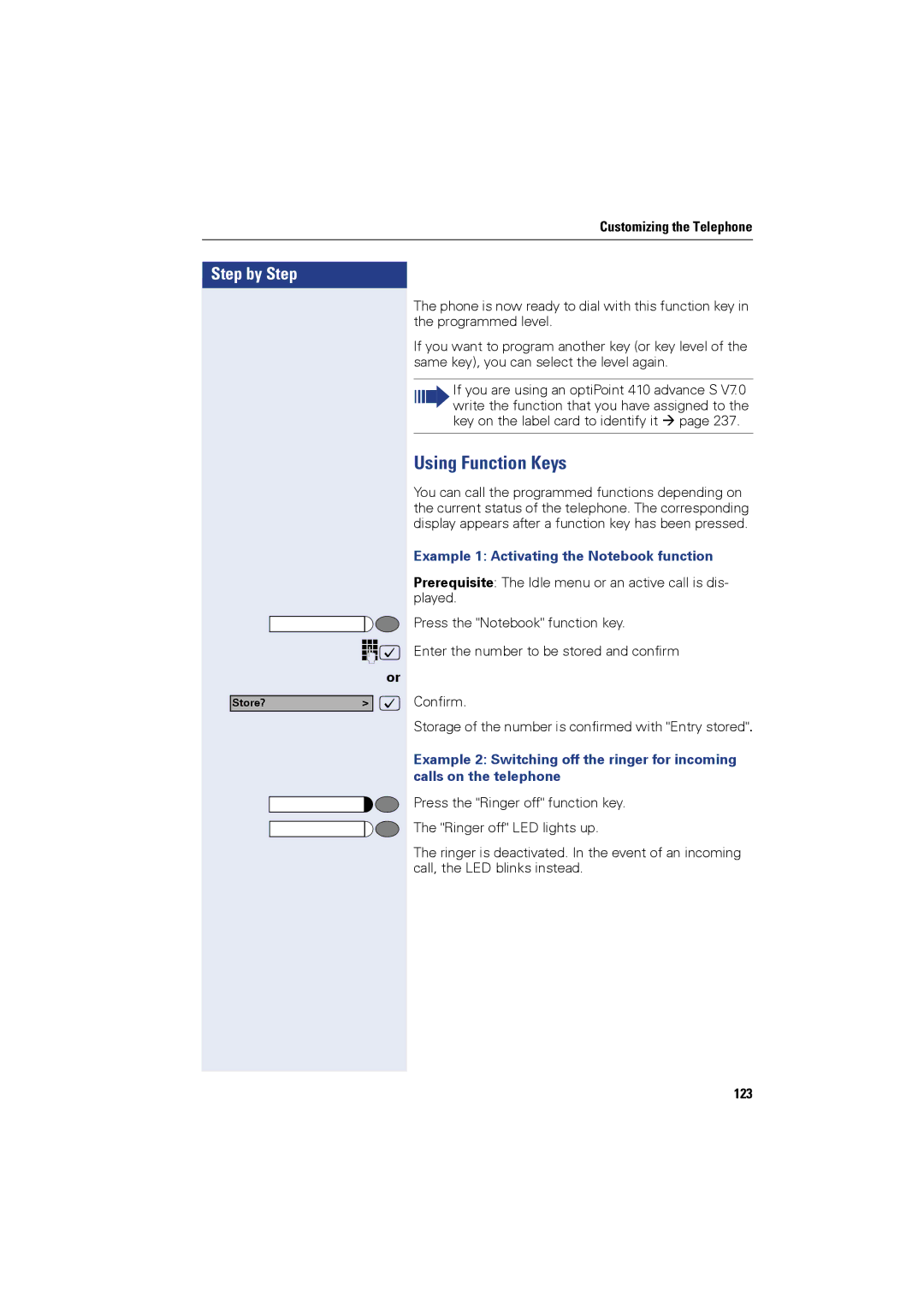 Siemens OPTIPOINT410, OPTIPOINT420 user manual Using Function Keys, Example 1 Activating the Notebook function, 123 