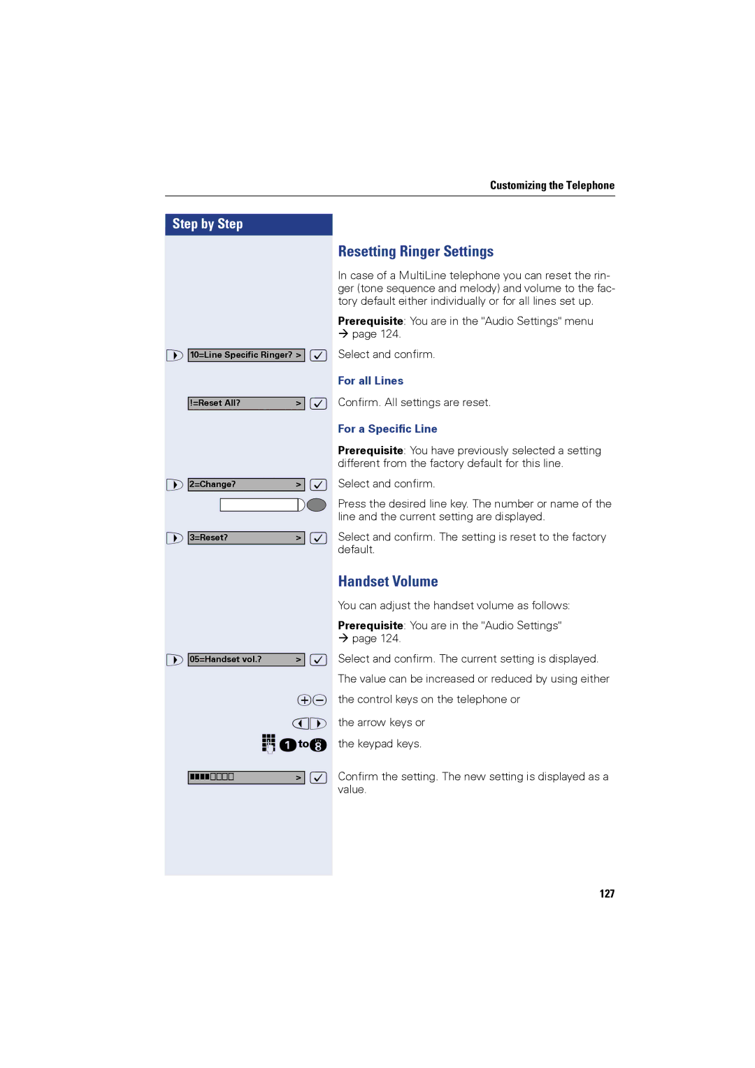 Siemens OPTIPOINT410, OPTIPOINT420 Resetting Ringer Settings, Handset Volume, For all Lines, For a Specific Line, 127 