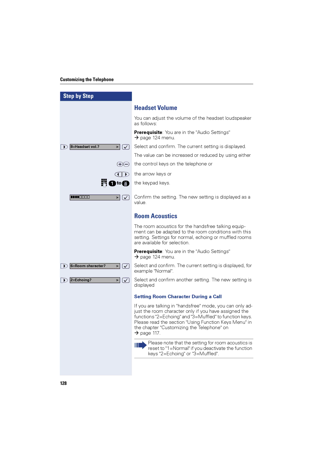 Siemens OPTIPOINT420, OPTIPOINT410 user manual Headset Volume, Room Acoustics, Setting Room Character During a Call, 128 