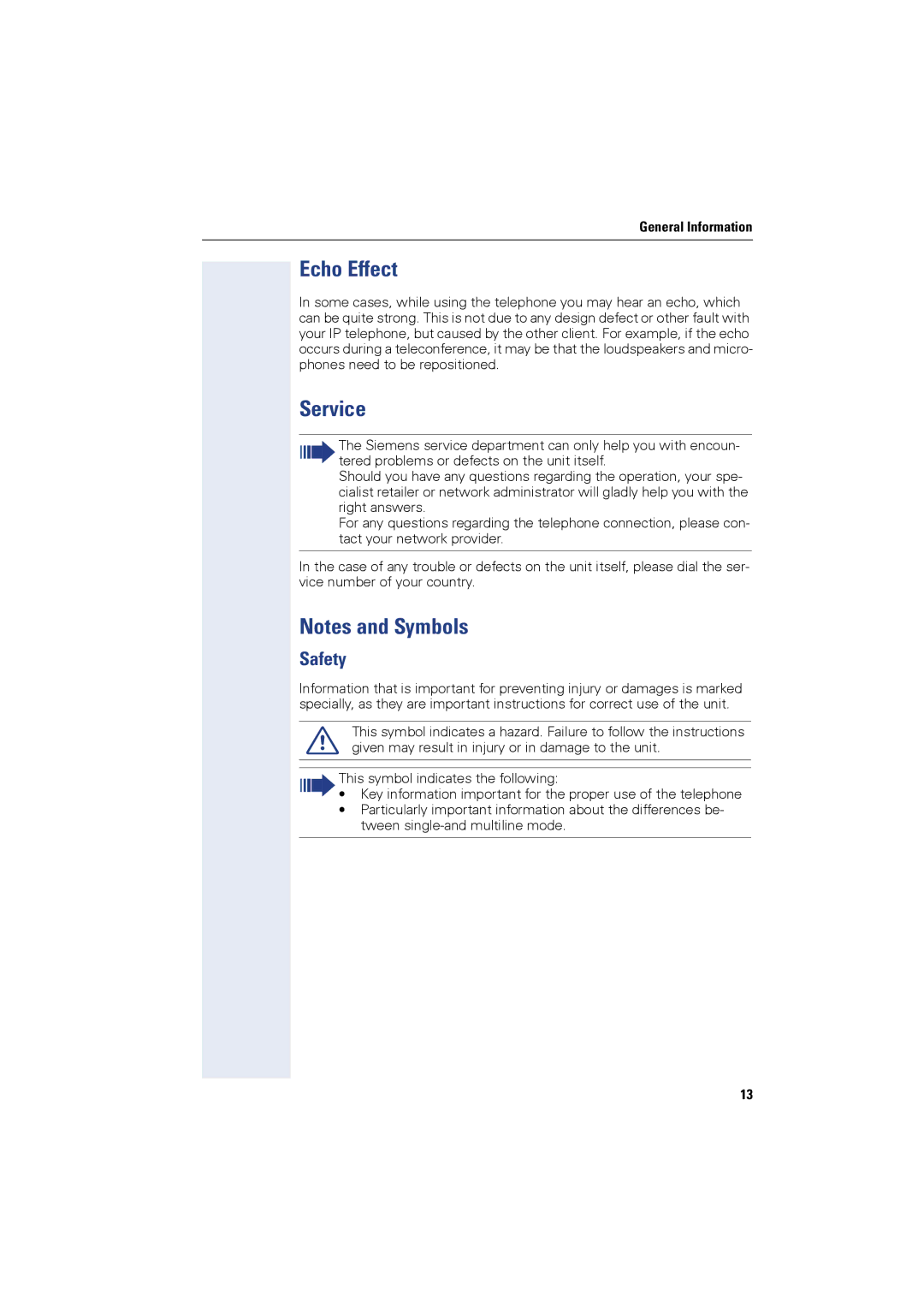 Siemens OPTIPOINT410, OPTIPOINT420 user manual Echo Effect, Service, Safety 