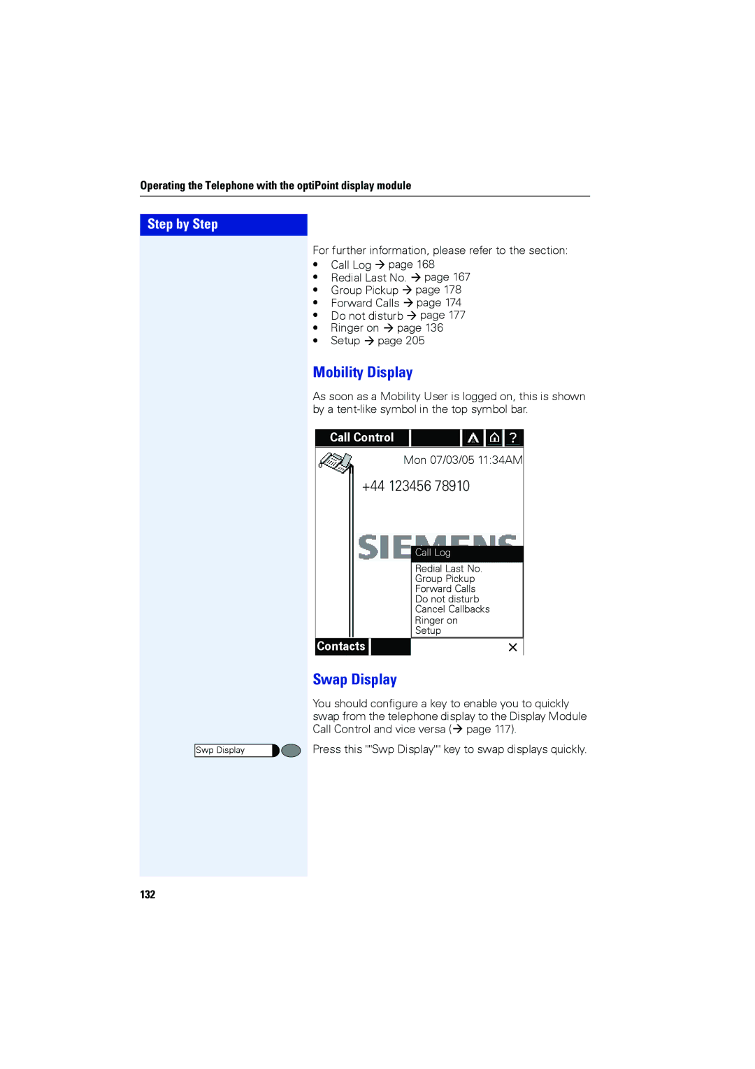 Siemens OPTIPOINT420 Mobility Display, Swap Display, Operating the Telephone with the optiPoint display module, 132 