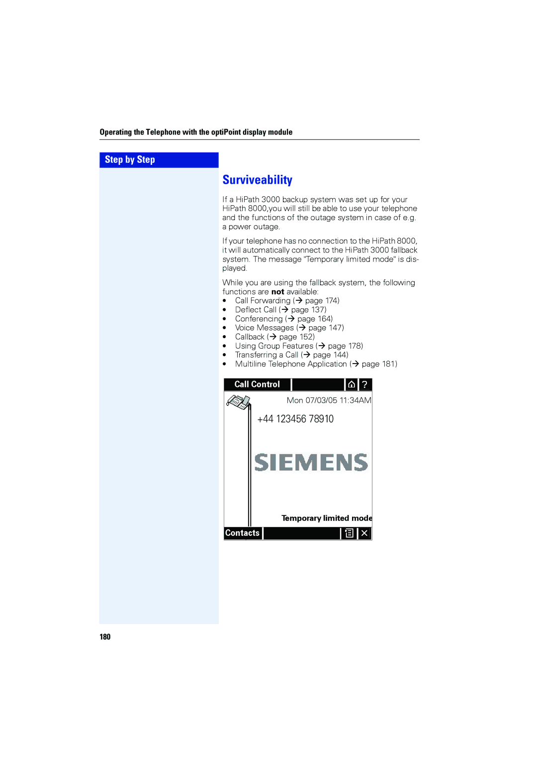 Siemens OPTIPOINT420, OPTIPOINT410 user manual Temporary limited mode, 180 