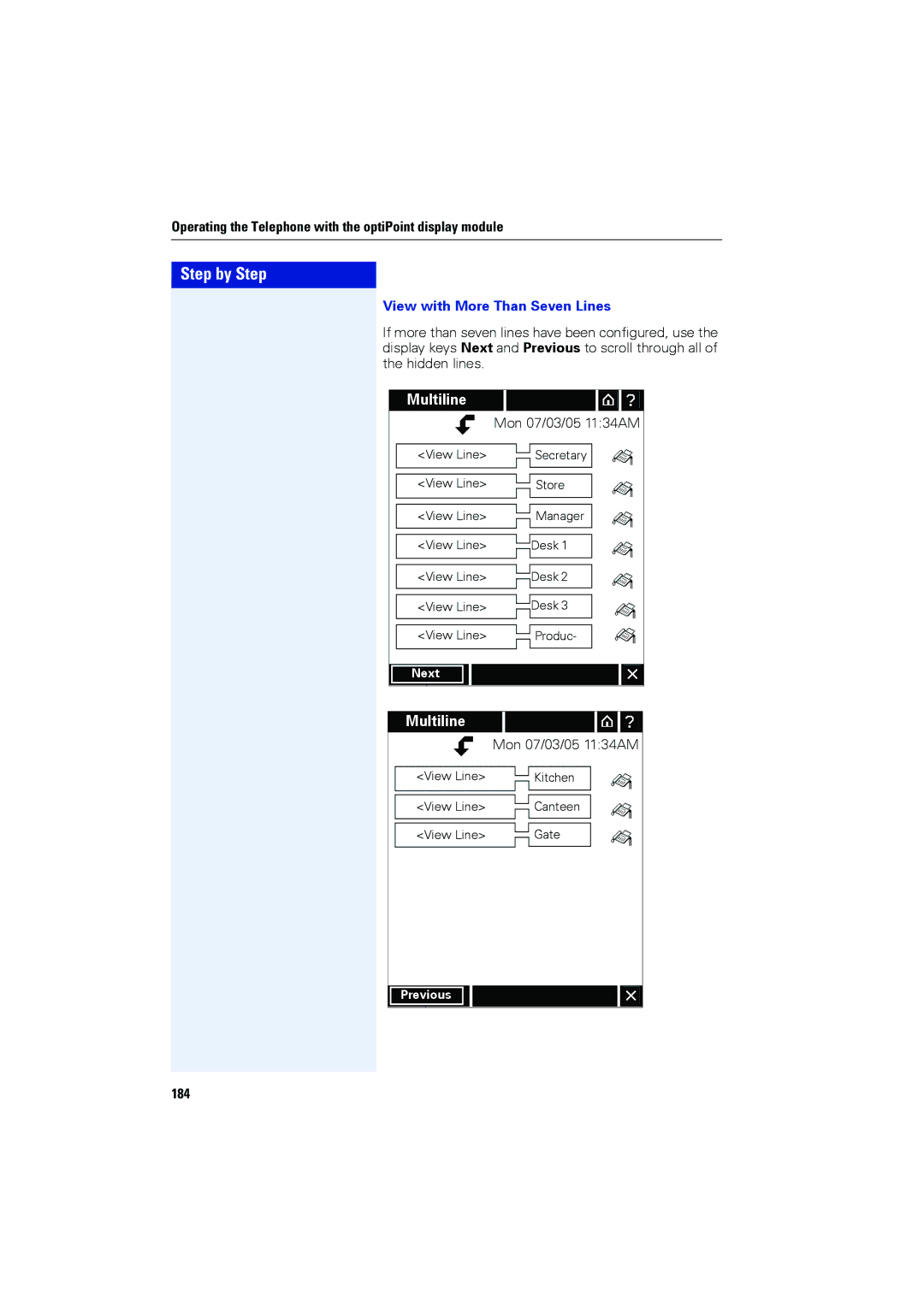 Siemens OPTIPOINT420, OPTIPOINT410 user manual View with More Than Seven Lines, 184 