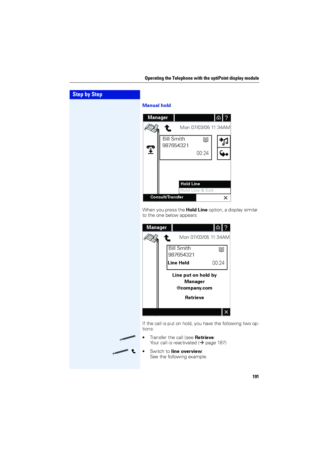 Siemens OPTIPOINT410, OPTIPOINT420 Manual hold, Line Held, Line put on hold by Manager @company.com Retrieve, 191 