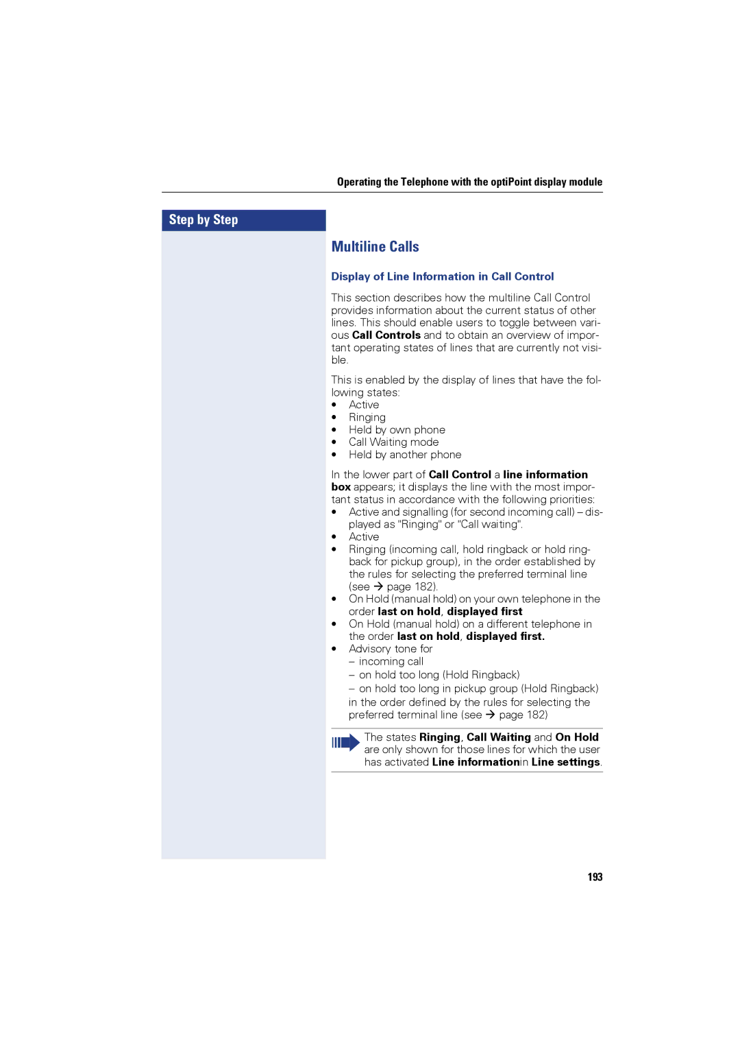 Siemens OPTIPOINT410, OPTIPOINT420 user manual Multiline Calls, Display of Line Information in Call Control, 193 