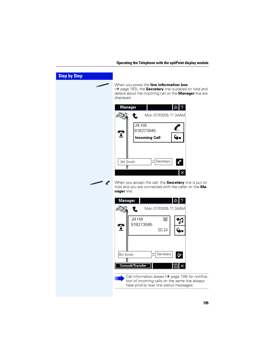 Siemens OPTIPOINT410, OPTIPOINT420 user manual When you press the line information box, 195 