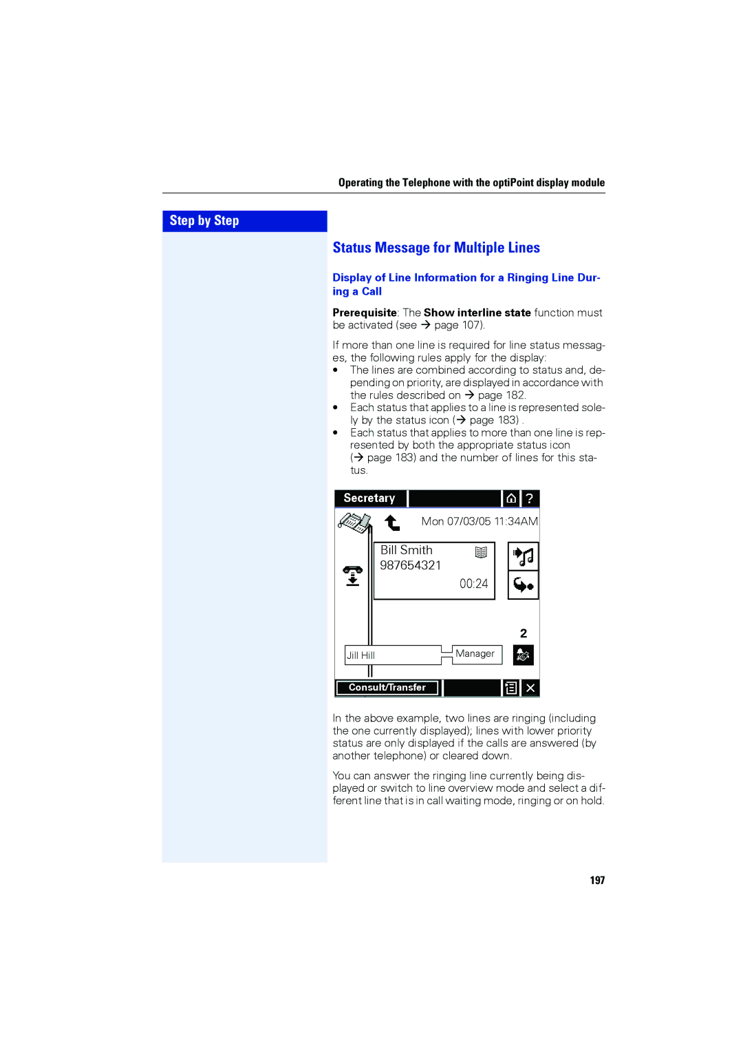 Siemens OPTIPOINT410, OPTIPOINT420 user manual Status Message for Multiple Lines, 197 