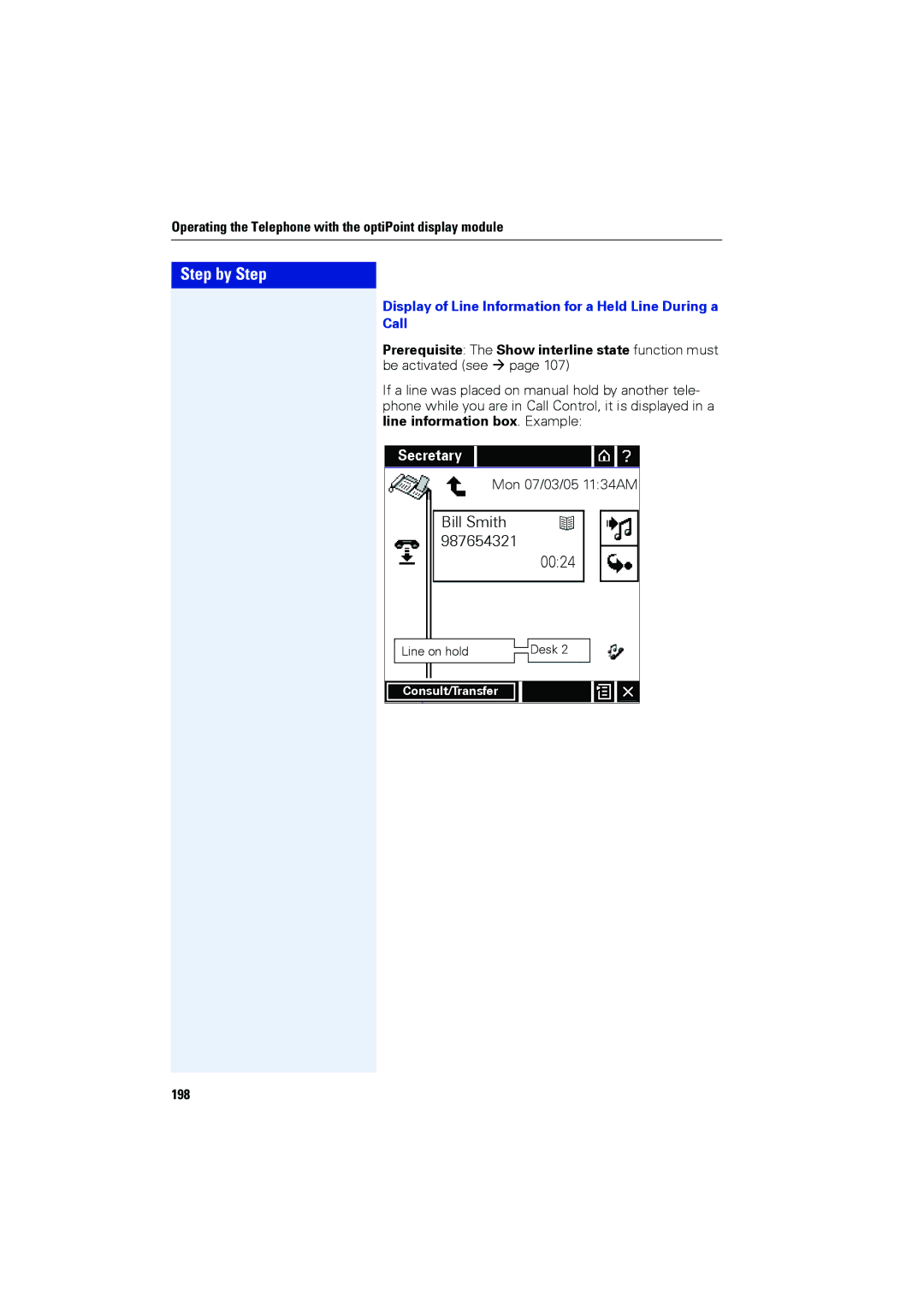 Siemens OPTIPOINT420, OPTIPOINT410 user manual Display of Line Information for a Held Line During a Call, 198 