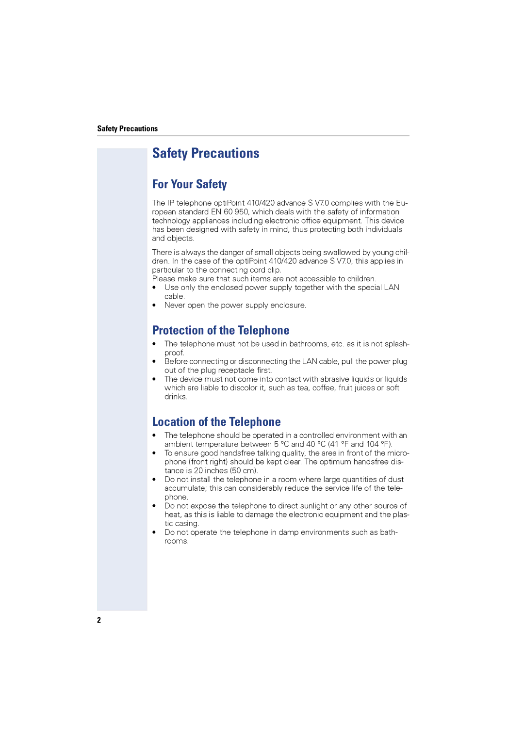 Siemens OPTIPOINT420 For Your Safety, Protection of the Telephone, Location of the Telephone, Safety Precautions 