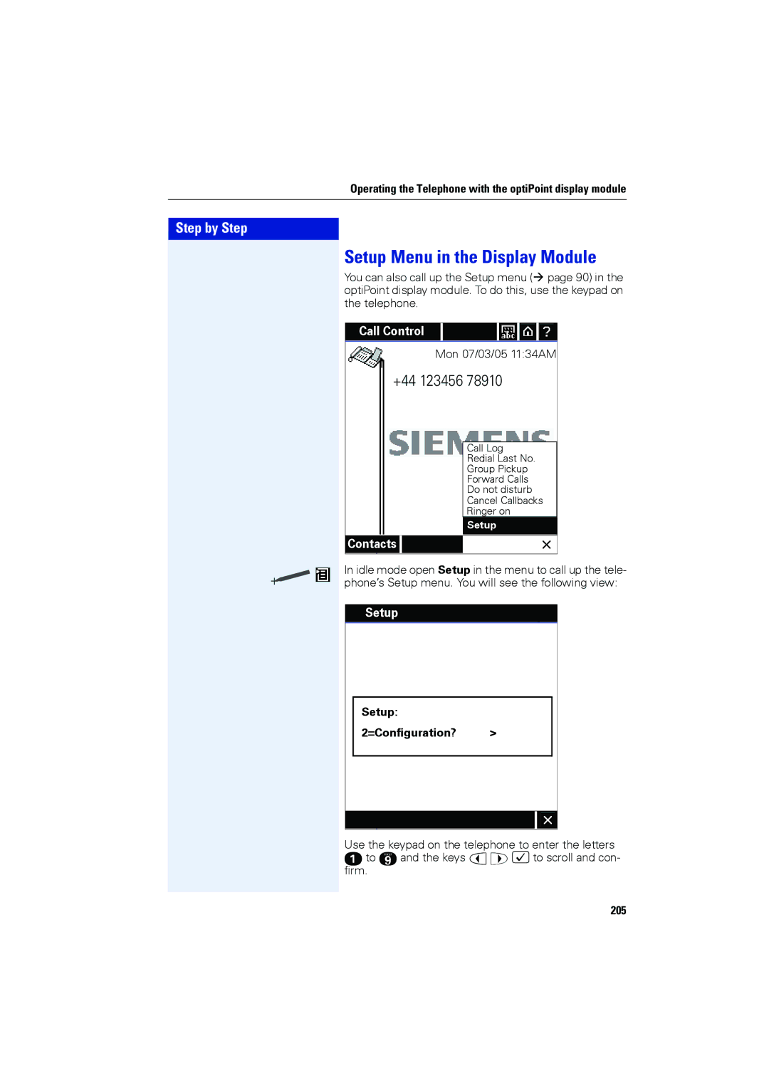 Siemens OPTIPOINT410, OPTIPOINT420 user manual Setup Menu in the Display Module, Setup =Configuration?, 205 